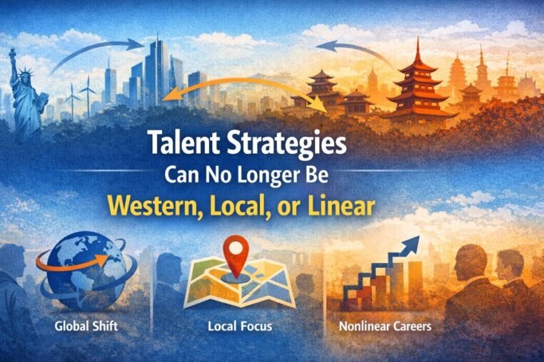 Illustration showing global and local talent shifts and nonlinear career paths, highlighting how modern talent strategies are evolving beyond Western and linear models