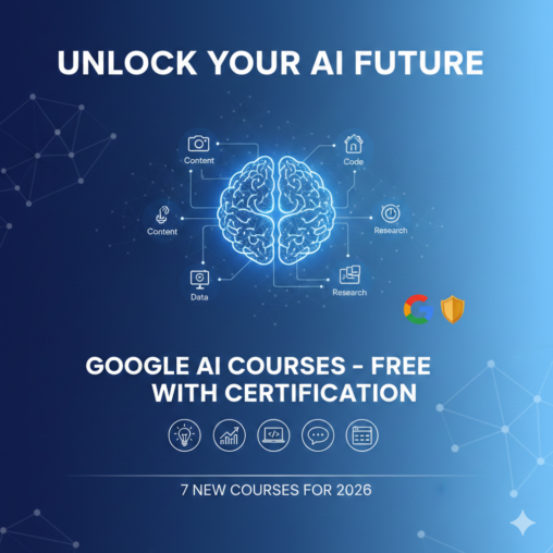 Graphic promoting 7 new free Google AI courses with certification for 2026. Features a digital brain and icons representing content creation, data analysis, and research skills on a professional blue background.